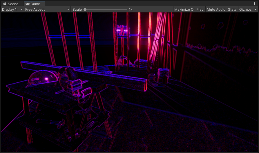 The Sobel filter applied to our image. Red represents the gradient along the X axis, blue the gradient along the Y axis. Feel free to stop here if you want to pivot into making a neon bullet hell.